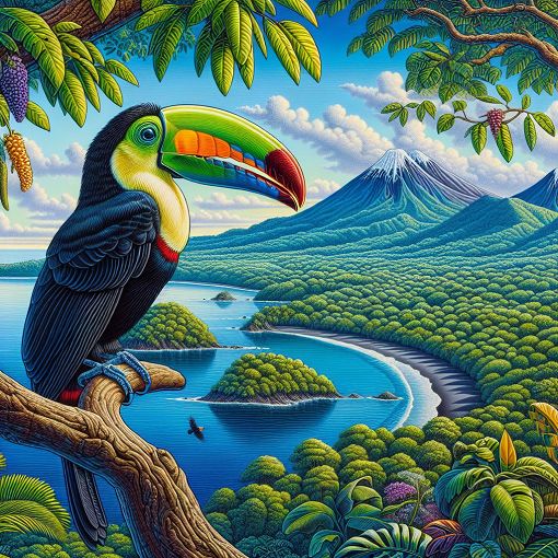 A vibrant landscape of Costa Rica showcasing lush jungles, volcanoes, and stunning beaches, with a colorful toucan perched on a branch in the foreground.