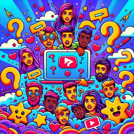 A colorful and dynamic illustration of popular YouTube personalities in a fun, cartoon style, with question marks and hearts around them, symbolizing choices and preferences.