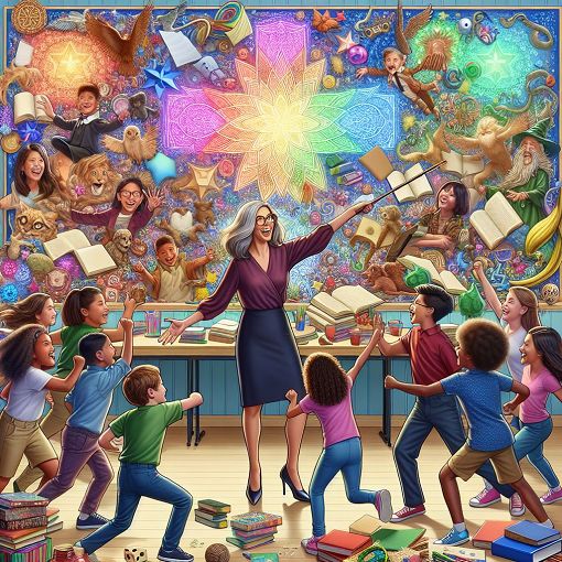 Create an image of a cheerful classroom environment with colorful decorations, showcasing a teacher engaging with students, and highlighted elements representing Ms. Gattegno's favorite things like books, Harry Potter, and games.