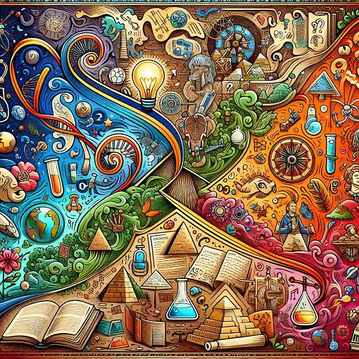 A colorful and engaging illustration showcasing various fields of knowledge such as science, history, pop culture, and nature, with question marks and light bulbs to symbolize questions and ideas.