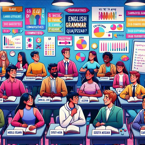 A classroom setting with students engaging in a quiz, focusing on English grammar elements like comparatives and prepositions, bright and colorful setting.