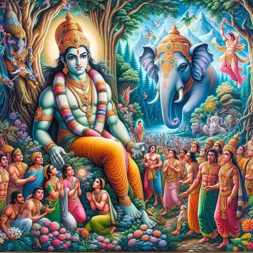 A vibrant illustration depicting Ghanshyam surrounded by nature, showing his strength akin to elephants, with scenes of villagers and deities in the background.