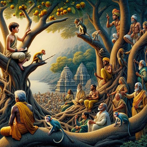 A vibrant illustration depicting Ghanshyam sitting on a pipal tree, observing the surroundings with a group of curious monkeys and Brahmins in the backdrop, infused with elements of Indian culture and spirituality.