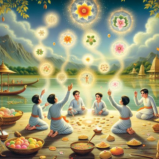 An illustrated scene depicting Ghanshyam playing by the Meen lake with friends, surrounded by heavenly aromas of sweets and mystical siddhis descending from the sky, bathed in golden light.