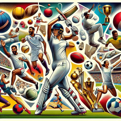 Create an image of a colorful sports collage featuring cricket, football, Olympic events, and various sports gear, with playful graphics of athletes and iconic sports symbols.