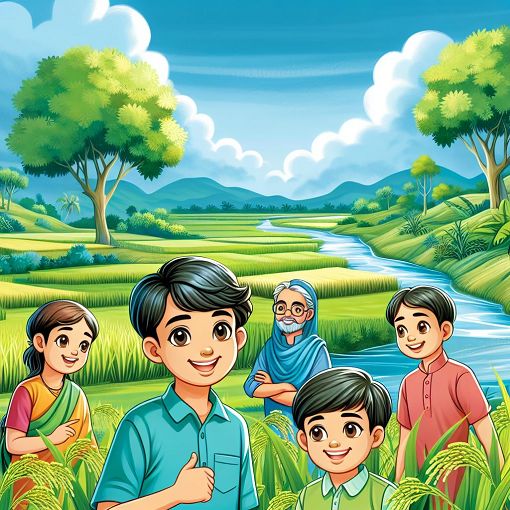 A colorful illustration depicting Ghanshyam with his friends in a rice field, surrounded by nature, with a background of trees and a river.