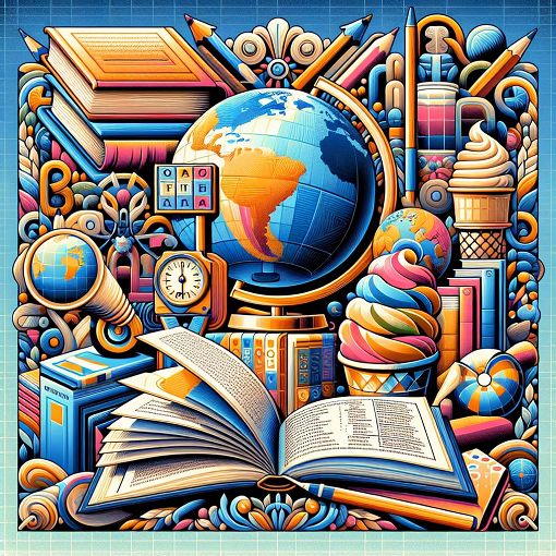 A colorful and engaging collage representing general knowledge, featuring elements like books, a globe, ice cream, and a quiz sheet.