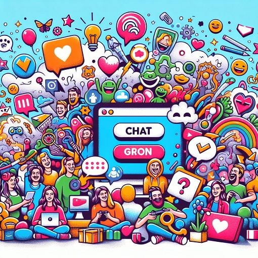 A colorful, whimsical illustration depicting a lively online community with chat bubbles, avatars, and references to gaming and humor, capturing the essence of a fun quiz about Gronp.