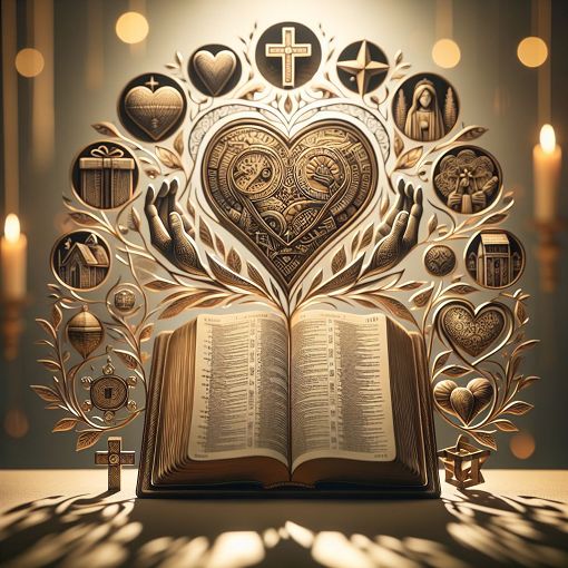 A visually appealing illustration of a Bible open to Romans chapters, surrounded by symbols representing love, faith, and community fellowship, in a warm and inviting setting.