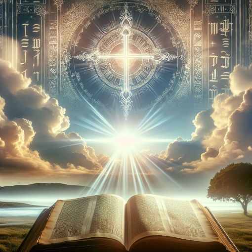 A serene landscape with an open Bible, a glowing cross, and tranquil light beams in the background, symbolizing the teachings of Jesus Christ and spirituality.