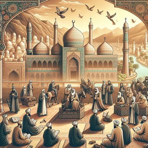 A beautiful illustration depicting significant events in Muhammad's life, with elements of Islamic culture and architecture in the background.