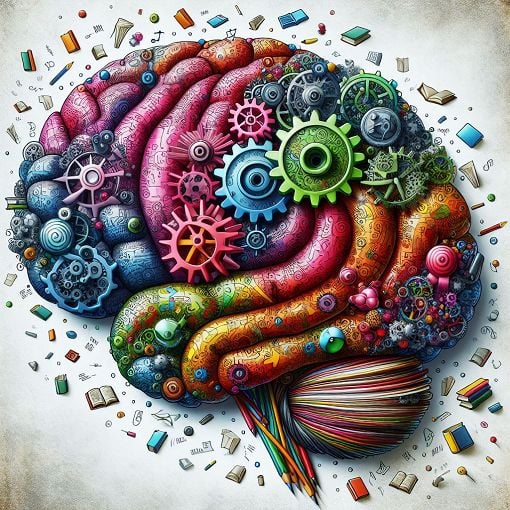 Generate an image of a whimsical brain with gears, books, and riddles around it, in a colorful and inviting style.