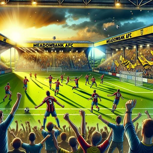 A vibrant football scene depicting a local team celebrating a victory, with fans cheering in the background, Meadowbank AFC colors prominent, and a picturesque stadium filled with excitement.