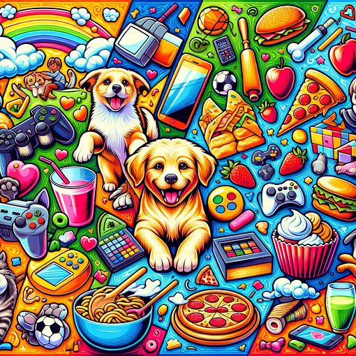 A vibrant and playful collage featuring pets, favorite foods, and hobbies like gaming and baking, with a colorful background that reflects a cozy and fun atmosphere.