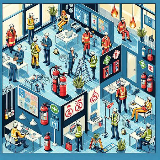 A colorful and engaging illustration representing workplace safety and emergency response teams, with elements like safety gear, fire extinguishers, and signage, in a modern office environment.