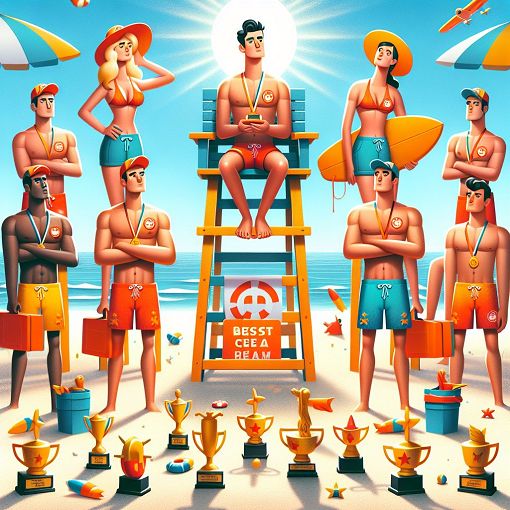 An illustration featuring a vibrant beach scene with lifeguards in action, surrounded by trophies and awards labeled with fun titles like 'Best Cleaner' and 'Most Reliable'.