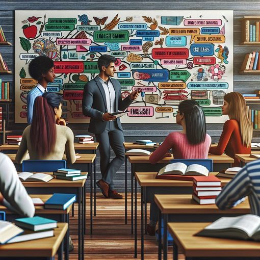 An engaging classroom setting with a teacher and students learning English grammar, colorful charts on the wall, books scattered across desks