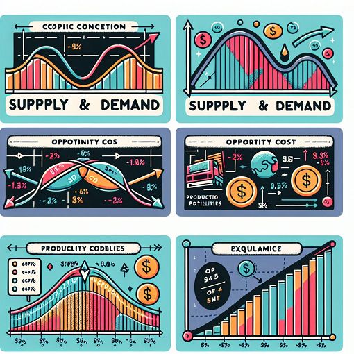 An educational illustration depicting various economic concepts such as supply and demand, opportunity cost, and market equilibrium, with graphics that enhance understanding.