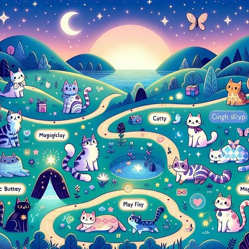 A whimsical and colorful digital illustration of a moonlit landscape featuring playful cartoon cats with various traits and fashion styles, engaging in fun activities, with elements of magic and adventure.