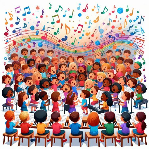 A vibrant classroom scene with children singing and playing musical instruments, colorful notes flowing around them, evoking a joyful music education atmosphere.