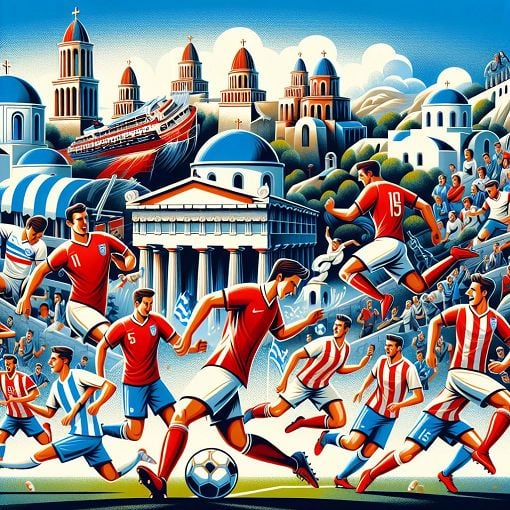 An engaging and colorful illustration of the Olympiakos football team in action, surrounded by cheering fans and iconic landmarks of Greece.