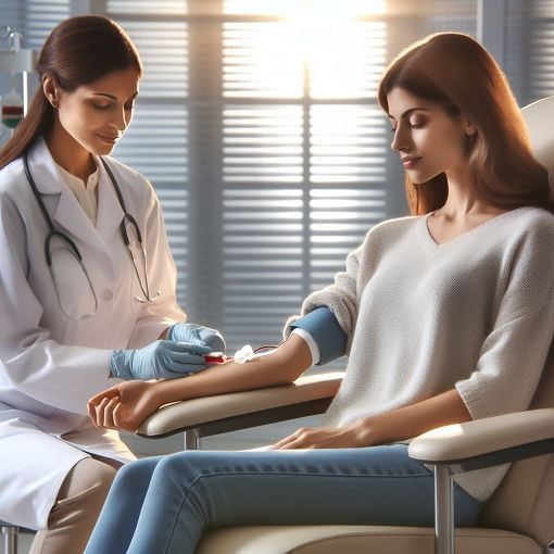 A serene healthcare setting with a patient calmly sitting in a chair while getting their blood drawn, showing a friendly medical professional, soft lighting, and comforting atmosphere