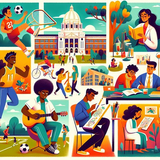 A colorful, vibrant illustration depicting different buildings at the University of Minnesota, showcasing diverse student activities and personalities, with a playful and engaging style.