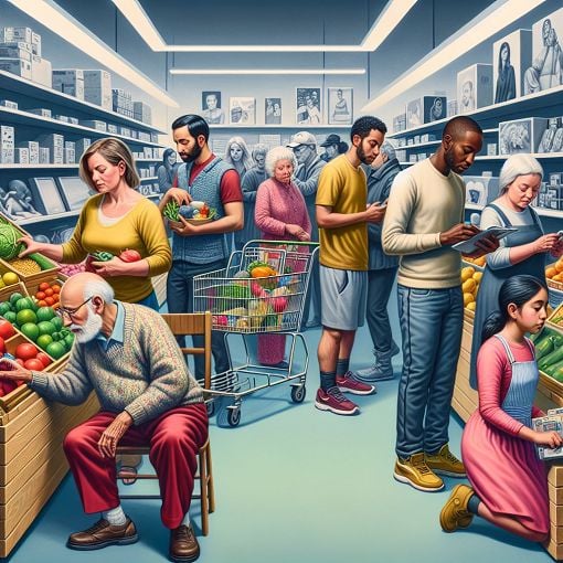 A thought-provoking image depicting diverse people in a shopping environment, highlighting themes of privilege and representation in society.