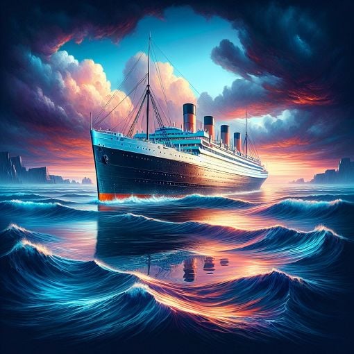 A realistic illustration of the Titanic sailing majestically across the Atlantic Ocean, with a dramatic sky and waves, capturing the grandeur of the early 20th century.