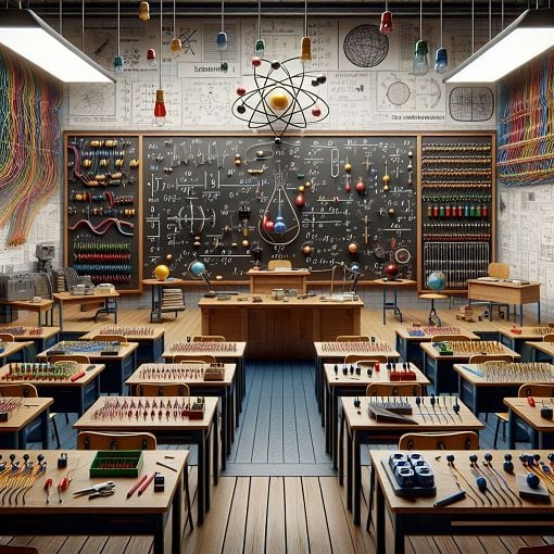 Generate an image depicting a physics classroom with electrical components like resistors, wires, and a blackboard filled with formulas about electricity and resistance.