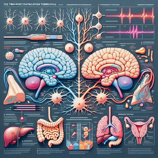 Create an educational illustration depicting the two-point discrimination threshold and the fun<wbr>ctions of the sympathetic and parasympathetic nervous systems, featuring visual elements such as neurons, heart rate graphs, and digestive systems.