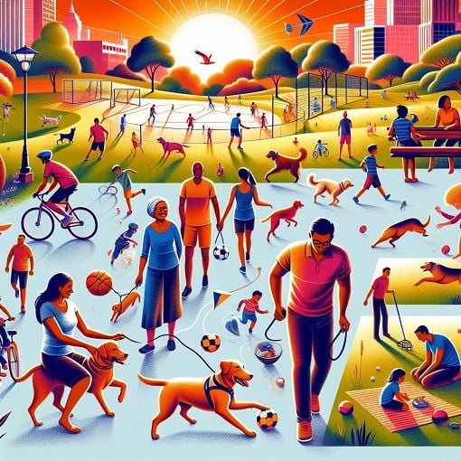 A vibrant, engaging illustration depicting various aspects of life in Markham, including dogs, sports, and family.