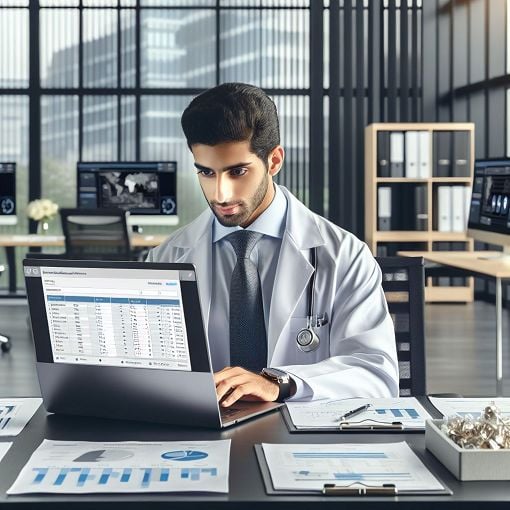 A professional-looking person working on a laptop with Veeva Vault application on the screen, surrounded by documents and charts related to clinical research administration, modern office environment