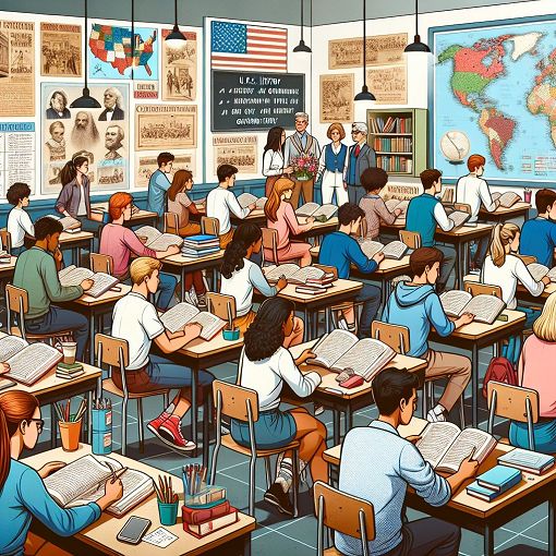 Create an image of a classroom with students studying U.S. history and government, featuring books, maps, and a chalkboard with quiz questions on it.