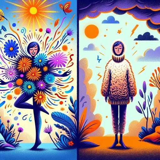 A whimsical illustration depicting two contrasting characters: one a chaotic, colorful figure representing adventure and spontaneity, the other a calm, cozy character with a sweater, representing comfort and stability, set against a backdrop of vibrant and serene scenes.