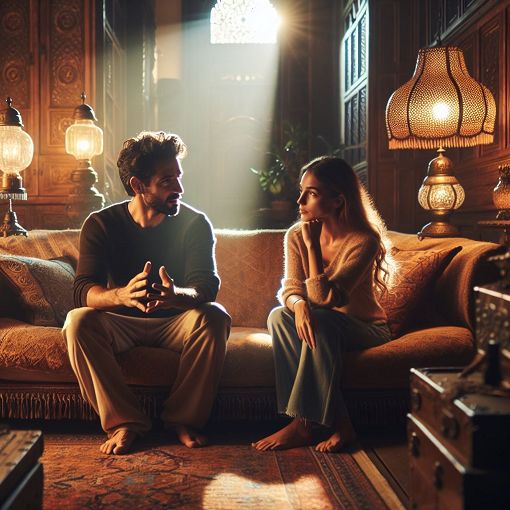 A thoughtful couple seated on a couch, engaging in a deep conversation, warm lighting, cozy environment