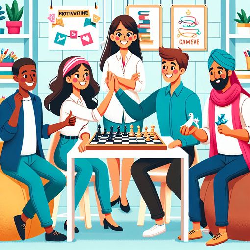 Create a vibrant and humorous illustration depicting a group of diverse team members engaged in fun activities together, showcasing their personalities and camaraderie, in a cartoon style.