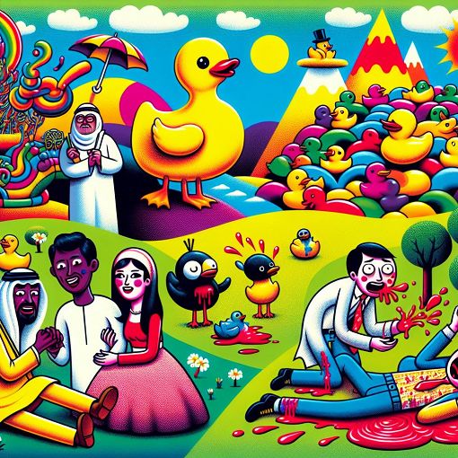 A colorful, whimsical illustration of various characters in humorous situations related to each quiz question, like someone proposing with rubber ducks or a character fainting at the sight of blood, with a background of a vibrant, playful landscape.