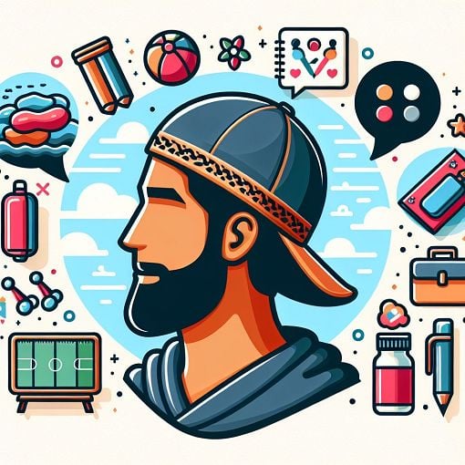 A playful illustration of a person wearing a backward baseball cap, surrounded by symbols of hobbies like swimming, crafting, and social interactions, in a colorful and vibrant setting.