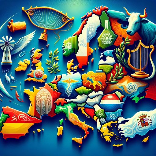 A colorful world map highlighting various European countries with cultural symbols representing each nationality, in a vibrant and engaging style.