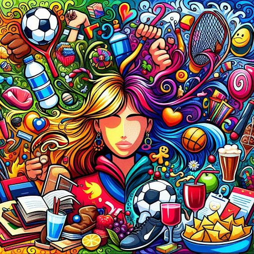 A vibrant and colorful illustration of a girl named Kayla surrounded by her favorite hobbies, interests, and items that represent her personality, like sports equipment, books, and snack foods.