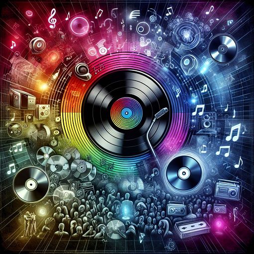 Generate an image that represents a vibrant and colorful collage of different music media formats such as vinyl records, CDs, streaming apps, and concert scenes, emphasizing the evolution of music consumption over the years.