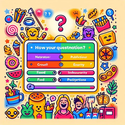 Create an illustration of a fun and vibrant quiz interface with colorful options representing food, celebrities, and preferences, incorporating elements like question marks and playful graphics.