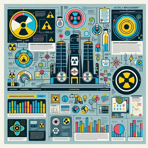 An informative infographic about nuclear power and radioactive waste management, incorporating elements like nuclear reactors, radioactive symbols, and safety measures in a visually appealing design.