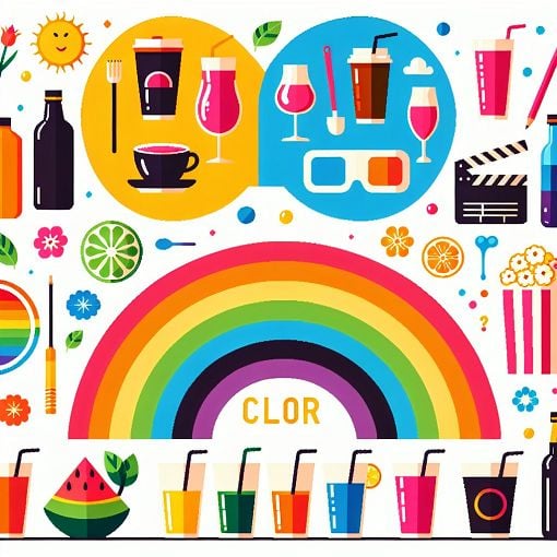 A vibrant and engaging graphic representing a fun quiz about personal preferences, featuring symbols like drinks, colors, and movie icons.