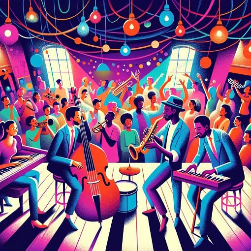 A vibrant jazz scene featuring musicians playing saxophones, trumpets, and a piano, surrounded by a lively audience in a cozy jazz club with colorful lights.