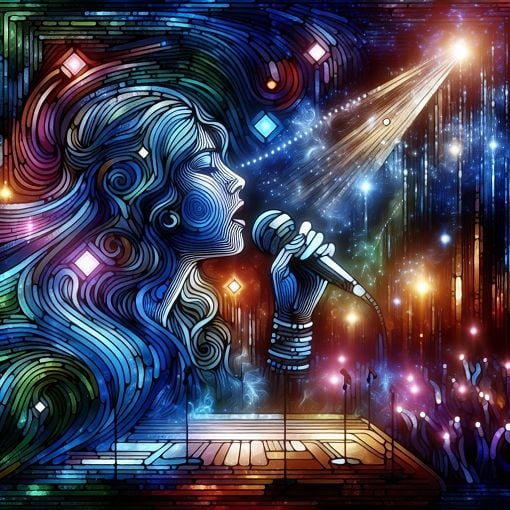 A vibrant and artistic representation of a pop singer performing on stage, with colorful lights and an abstract background that embodies the spirit of creativity and uniqueness.