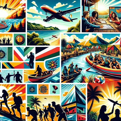 A colorful and dynamic collage featuring iconic scenes from the Survivor TV show, showcasing challenges, tribal councils, and contestants in action, with vibrant colors to reflect excitement and adventure.