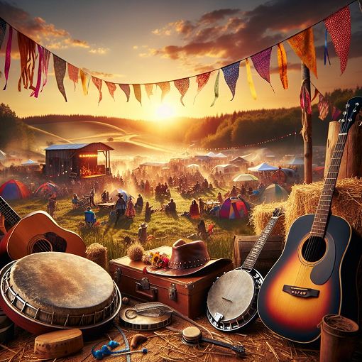 A vibrant and colorful country music scene featuring a rural landscape, a cowboy hat, musical instruments like a guitar and banjo, and a lively outdoor festival atmosphere.