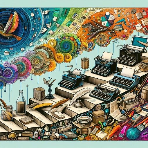 A vibrant and abstract illustration representing the evolution of content, showcasing elements of creativity, technology, and transformation, colorful, modern design